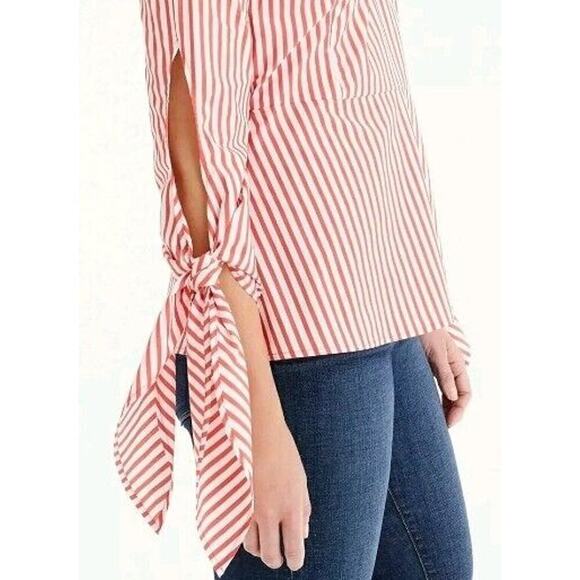 Universal Standard X J Crew Top XS Preppy Work Career Poplin Tie-Sleeve Striped - Picture 2 of 12
